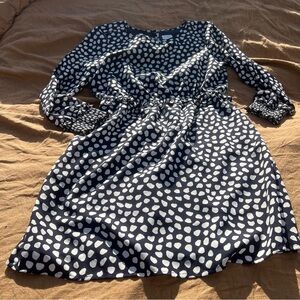 J. Crew Navy/White Print Dress Gathered Waist and Sleeves Size 8